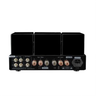 Amplificatore integrato stereo Line Magnetic LM-84IA nero vista posteriore con prese RCA e morsetti per altoparlanti