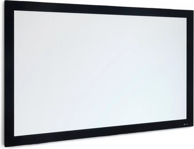 Feste Projektionsleinwand Projeo Frame HD 127 weiß mit breitem schwarzem Rahmen in leicht geneigter Vorderansicht