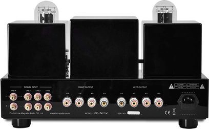 Line Magnetic LM-845IA sort hi-fi rørforstærker, set forfra, med to rør, audio-indgange og -udgange på bagsiden