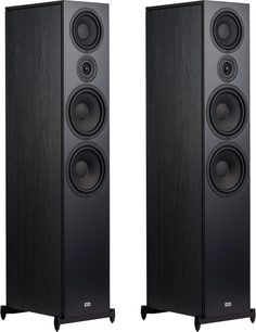 Gulvhøyttalere Heco Aurora XT 1000, frontvisning, mørk finish, 4 sirkulære høyttalere, rektangulær sokkel med føtter