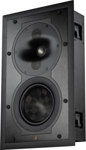 Perlisten S4i-LCRS duvar içi yerleştirilebilir hoparlör, açıdan görünüm, siyah ön panel, tweeter, orta ve dokulu woofer ile