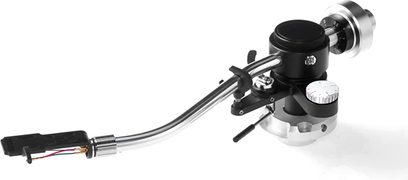 Jelco TS 350 S tonearm i poleret aluminium med kontravægt, lifter og ledningsføring, set ovenfra på hvid baggrund