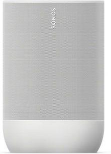 Enceinte sans fil connectée Sonos Move blanc, vue de face rapprochée, grille métallique grise, logo Sonos blanc au centre