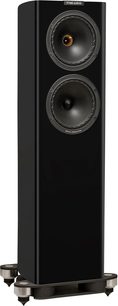 Fyne Audio F702 SP søjlehøjttaler i sort lak, set forfra, 2 cirkulære højttalere, metalbase med stabiliserende spidser