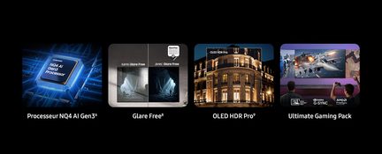 Montáž čtyř obrázků: modrý kovový procesor, antireflexní vrstva, budova s HDR OLED, herní obývací pokoj s velkou obrazovkou