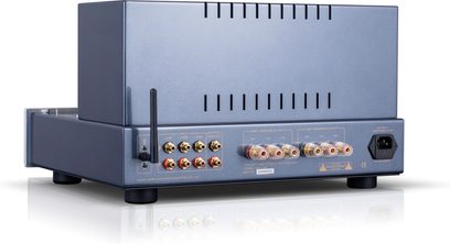Cayin Jazz 100 sort integrert stereo rørforsterker, matt svart metallkabinett sett bakfra, med ventilasjonsåpninger, trådløs antenne, rekke med seks gjennomsiktige høyttalerterminaler og seks par forgylte RCA-innganger