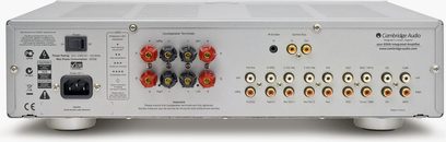 Cambridge Audio Azur 650A black stereo hi-fi amplifier, front view, connections on the left, buttons and inputs on the right