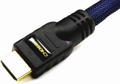 Choseal CHD-2017 HDMI-kabel i sort og blå med synlig forgyldt stik, nærbillede