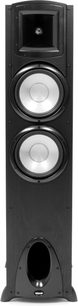 Klipsch Synergy F-30 sort gulvhøjttaler, set forfra, med to runde højttalere og en diskant