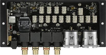 Chord Electronics HUEI sort phono-forforstærker, set oppefra, 4 forgyldte potentiometre, 2 RCA-stik, printplade, metalhus