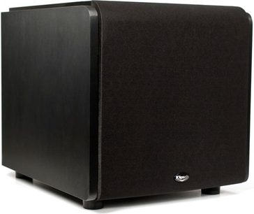 Klipsch XW-500D sort subwoofer, set forfra, rektangulær form med afrundede hjørner, sort frontgitter