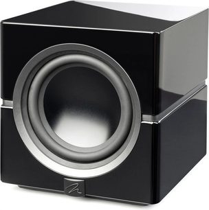 Sort subwoofer Dynamo 10 i sort højglans med kubisk kabinet, skinnende overflade og sølvfarvet, cirkulær højttaler på fronten