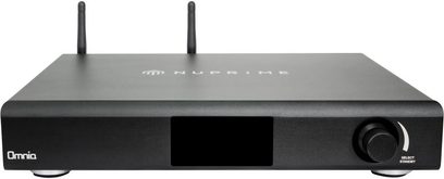 Nuprime Omnia A-200 mat sort hi-fi stereoforstærker, kompakt, minimalistisk, set ovenfra og bagfra