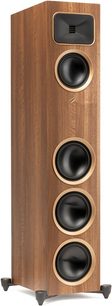 Sloupcový reproduktor MartinLogan Foundation F1 v ořechovém provedení, 4 černé kruhové reproduktory, dřevěná skříň, pohled zepředu