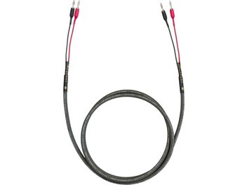 Cardas HP 101 Lautsprecherkabel 2 x 3m, Draufsicht, schwarze Ummantelung, rote und schwarze Bananenstecker, aufgedruckter Text