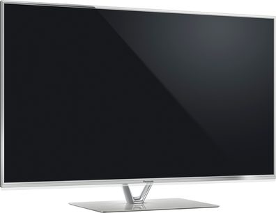 Panasonic TX-L42DT60E sort fladskærms-TV, set forfra, slukket sort skærm, på sølvfarvet V-formet metalstativ