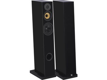 Gulvhøyttaler Davis Acoustics Courbet nr. 7 i svart lakk, sett forfra og i trekvart vinkel, 3 sirkulære høyttalerelementer, rund bassrefleksport, rektangulær sokkel