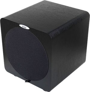 Subwoofer Velodyne Deep Blue 8 nero, vista 3/4 anteriore, forma cubica, finitura nera opaca, altoparlante circolare nero