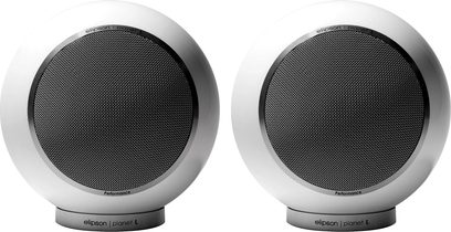Elipson Planet L Performance 2.0 Regallautsprecher, weiß lackiert, kugelförmig, schwarze Metallgitter, schwarzer runder Sockel