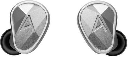 Fones intra-auriculares Astell&Kern Clarus cinza-prateados, cápsulas facetadas com logotipo A e pontas pretas