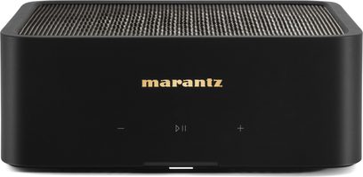 Hi-fi stereo forsterker Model M1, sett forfra, svart kabinett, gyllent logo, toppgitter, berøringsknapper -/spill/pause/+