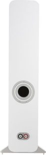 Bílý sloupový reproduktor Q Acoustics 3050i, pohled zepředu, výškový a středobasový reproduktor, odnímatelná černá mřížka