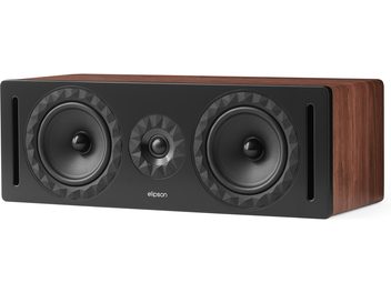 Cassa centrale Elipson Prestige Facet II 14C noce, vista di tre quarti anteriore destra, mobile rettangolare in legno finitura noce con frontale nero opaco dotato di due altoparlanti circolari, un tweeter centrale e due condotti verticali