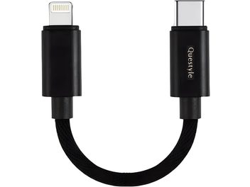 Kurzes schwarzes Questyle LTC-02 Lightning-auf-USB-C-Kabel mit geflochtenem Mantel, glänzend schwarzen Steckern