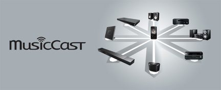 Forskellige sorte lydenheder på en lys grå baggrund, set forfra og fra siden, arrangeret i en strålende formation omkring et hvidt "MusicCast"-logo