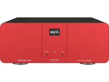 Red SPL Performer s900 hi-fi power amplifier, front view with brushed front panel and central indicator lights