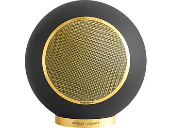 Elipson Planet L Performance mat sort guld højttaler med gyldent cirkulært gitter og gylden cylindrisk base