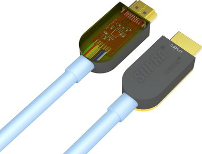HDMI-kabel Supra Active Optical HDMI-HDMI AOC 8K/HDR 20m blå og sort med forgyldte stik, set forfra