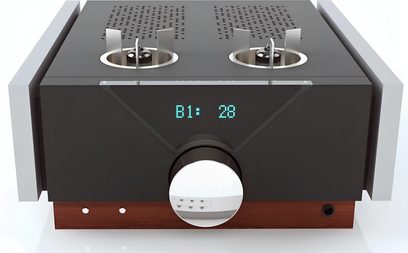Preamplificatore stereo Pathos InControl Mk2 nero, vista frontale, display digitale blu, manopola rotante argentata, due prese per cuffie