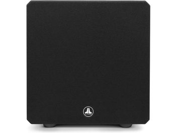 JL Audio E-Sub e110 subwoofer svart lackerad, kubisk, vit logotyp, svart galler, plastfötter