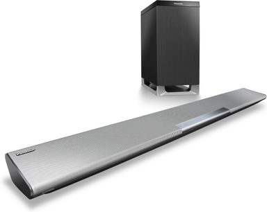Sort Panasonic SC-HTB680EGS soundbar, set forfra og fra siden, med rektangulært sort basrør