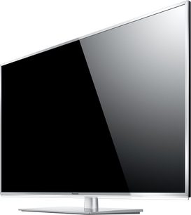 Panasonic TX-L50ET60E fladskærms-TV, sort skærm slukket, smal sølvfarvet ramme, rektangulært metalfod i midten