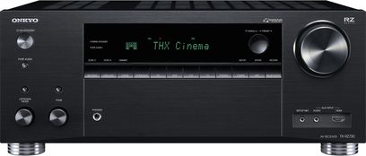 Onkyo TX-RZ730 sort hjemmebiografsforstærker, frontvisning, grøn "THX Cinema"-skærm, frontknapper og -stik