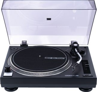 Front view of black Reloop RT-1 BT + DSM3 BT turntable pack, transparent lid open and silver S-shaped tonearm