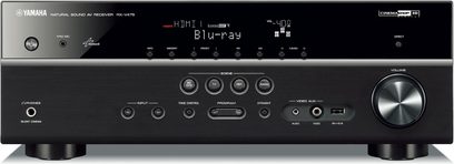 Yamaha RX-V475 sort home cinema-forstærker set forfra, blåt display, knapper og stik på forsiden, sølvfarvet lydstyrkeknap