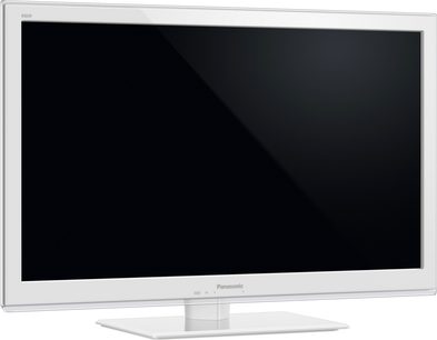 Panasonic TX-L32ET5EW-fladskærms-tv, rektangulær sort slukket skærm, hvid ramme, set forfra