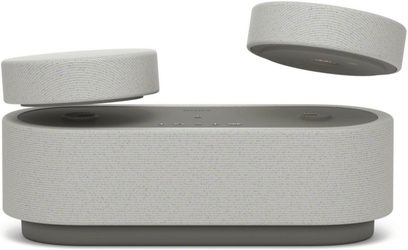 Bezprzewodowy głośnik Sony HT-AX7, widok z przodu, prostokątny kształt, jasnoszara tkanina, dwa odłączane moduły okrągłe