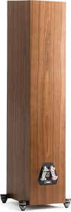 Cassa acustica a colonna Motion F20 in legno marrone con pannello posteriore nero dotato di connettori, vista da un'angolazione leggermente laterale