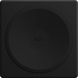 Sonos Port Netzwerk-Audioplayer, Draufsicht, quadratische Form, matte schwarze Oberfläche mit "Port"-Logo in der Mitte