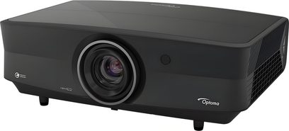 Videoproiettore Optoma UHZ68LV nero con obiettivo centrale circolare, griglia di aerazione laterale, piedini regolabili e logo visibile.