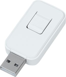 Hvid USB-fjernbetjening Projeo Motion HD 106 med skydeknap set ovenfra