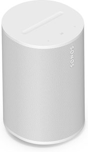 Sonos Era 100 SL hvid smart højttaler, cylindrisk design med perforeret gitter og berøringsfølsomme betjeningsknapper på toppen