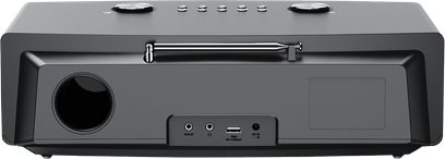 Kenwood CR-ST700SCD sort bordradio FM eller digital internet, set bagfra, 2 cirkulære knapper, 5 rektangulære knapper, 1 metalhåndtag, 1 USB-port, 1 AUX IN-stik, 1 DC IN-stik, 1 cirkulær ventilationsåbning