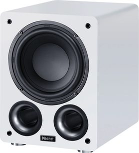 Witte Alpha RS 8 subwoofer met rechthoekige behuizing, zwarte ronde luidspreker en 2 ronde bass-reflexpoorten aan de voorkant