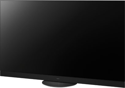 Panasonic TX-65JZ2000E fladskærms-TV, rektangulær sort skærm slukket, frontvisning centreret, placeret på et stativ