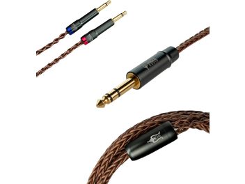 Cabos de áudio trançados marrons com conectores jack banhados a ouro de diferentes tamanhos, da marca Meze Audio